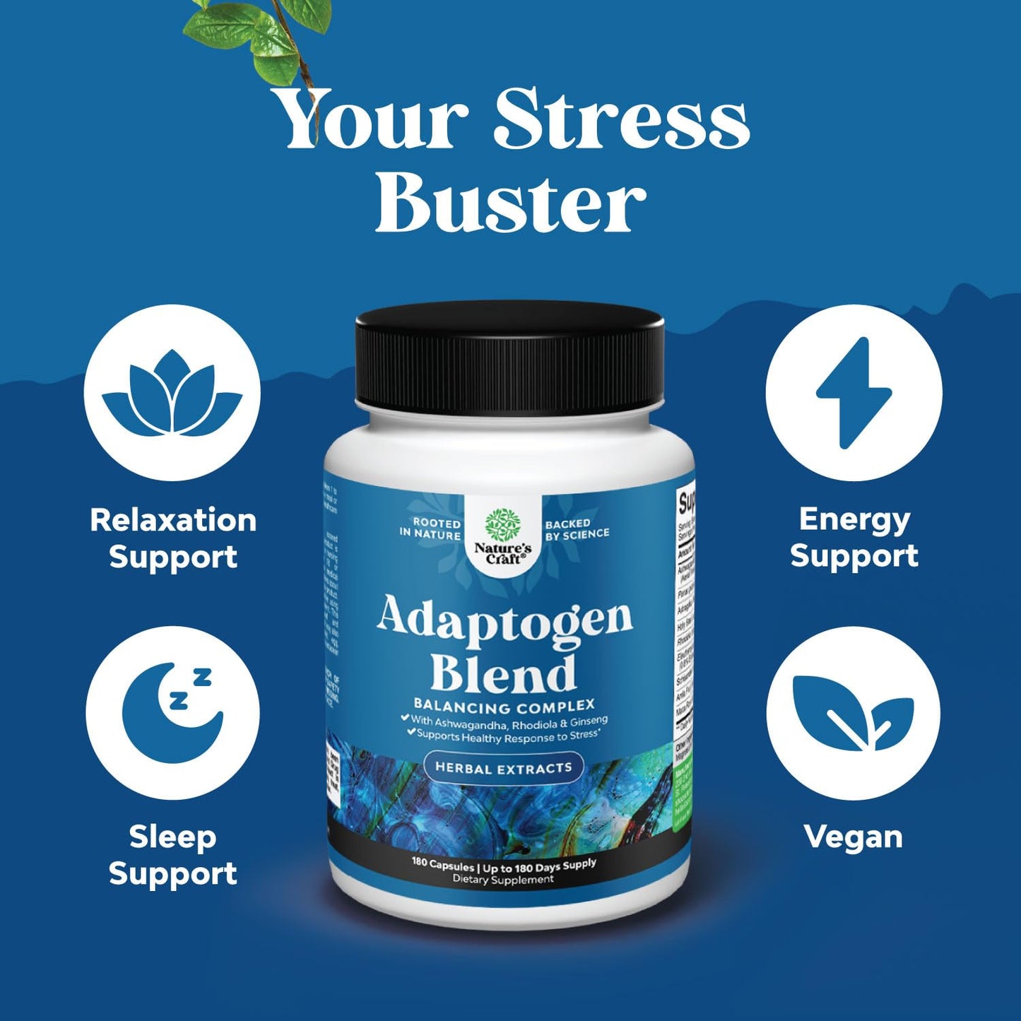 Natures Craft Herbal Adaptogen Mood Support Capsule - Ashwagandha, Rhodiola Rosea & Maca Root, Vegan Non-GMO, 180 Count