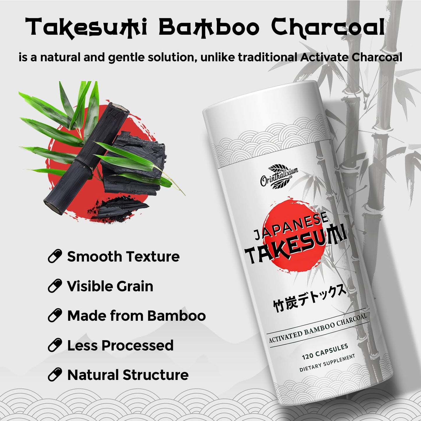 Orinthalixium Takesumi Activated Charcoal 2000mg from Bamboo, Capsule, 120 Count