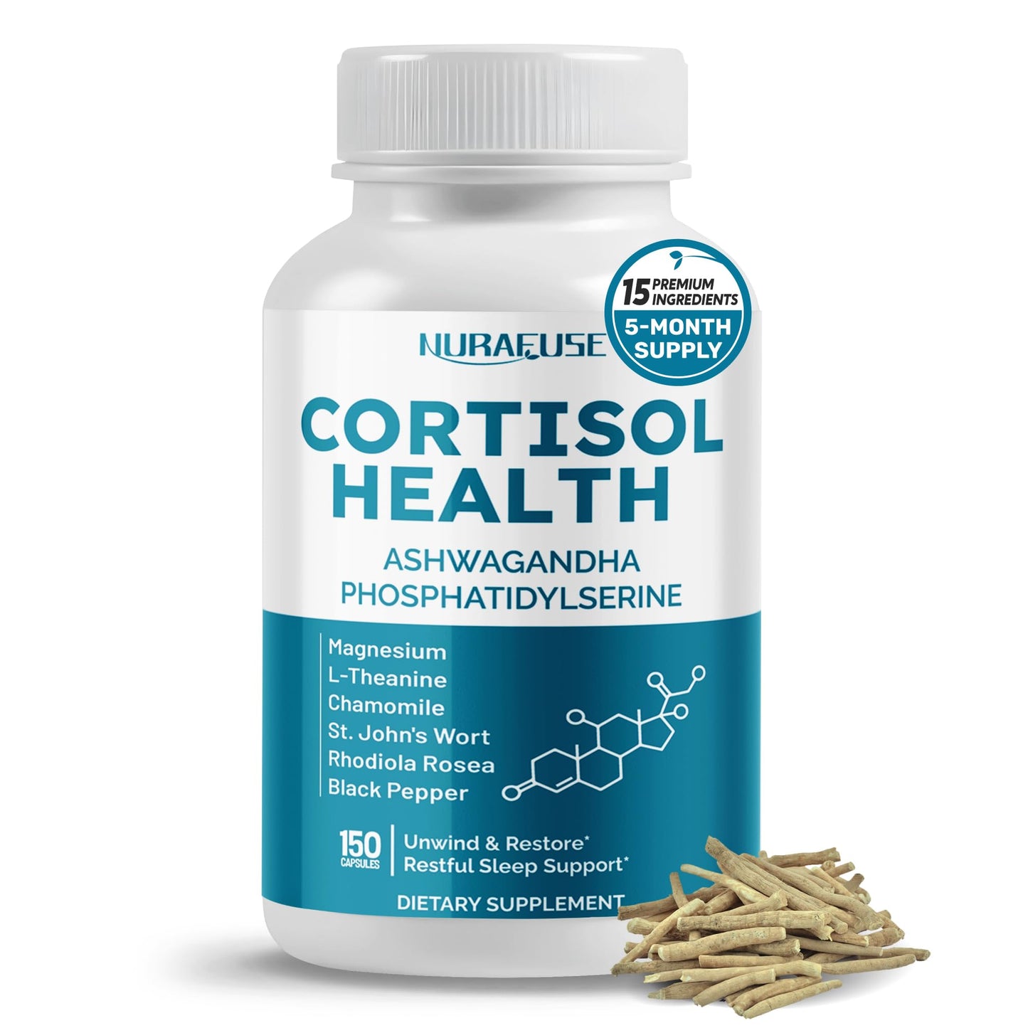 NURAFUSE Cortisol Health Ashwagandha 15-in-1 Supplement with Magnesium Phosphatidylserine L-Theanine Chamomile Rhodiola Rosea Licorice Holy Basil Capsules, 150 Count