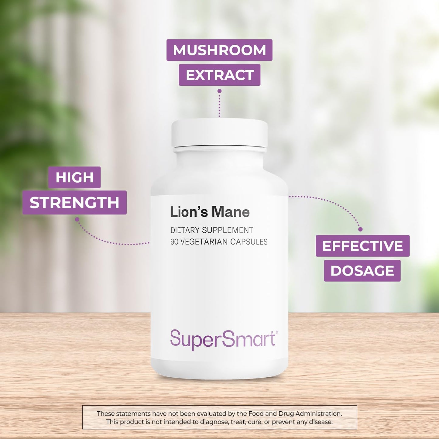 Supersmart Lion's Mane 1500mg per Day High Strength 30% Polysaccharides 8:1 Extract Hericium Erinaceus Mushroom Supplement 90 Capsules