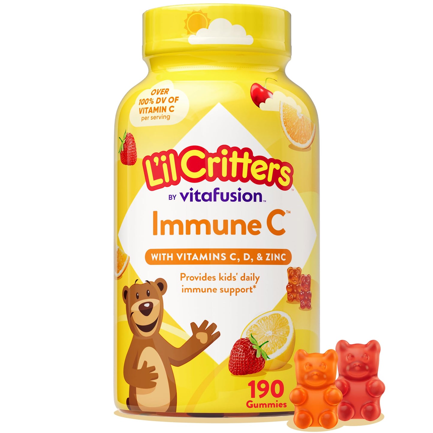 Lil Critters Immune C Daily Gummy Supplement for Kids, Vitamin C, D and Zinc for Immune Support, 190 Gummies