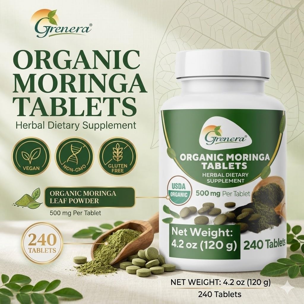 Grenera Organic Moringa Tablets, 500mg per Tablet, 240 Tablets