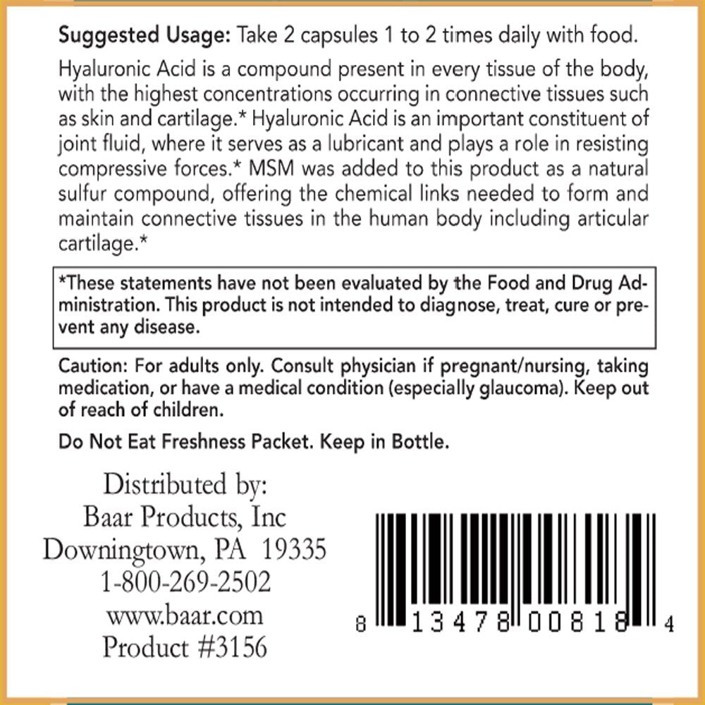 Baar Nature's Blessing Hyaluronic Acid with MSM Capsules, 60