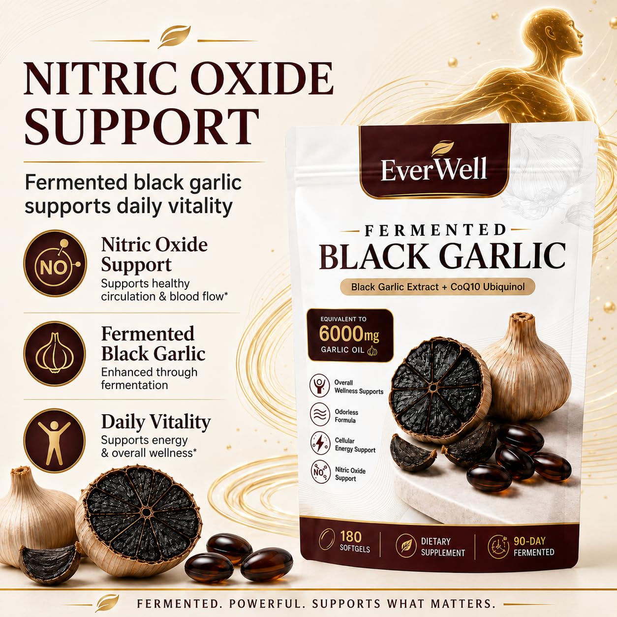 QoCore Supplement Everwell Black Fermented Black Garlic + CoQ10 Ubiquinol Capsule, 1 Count