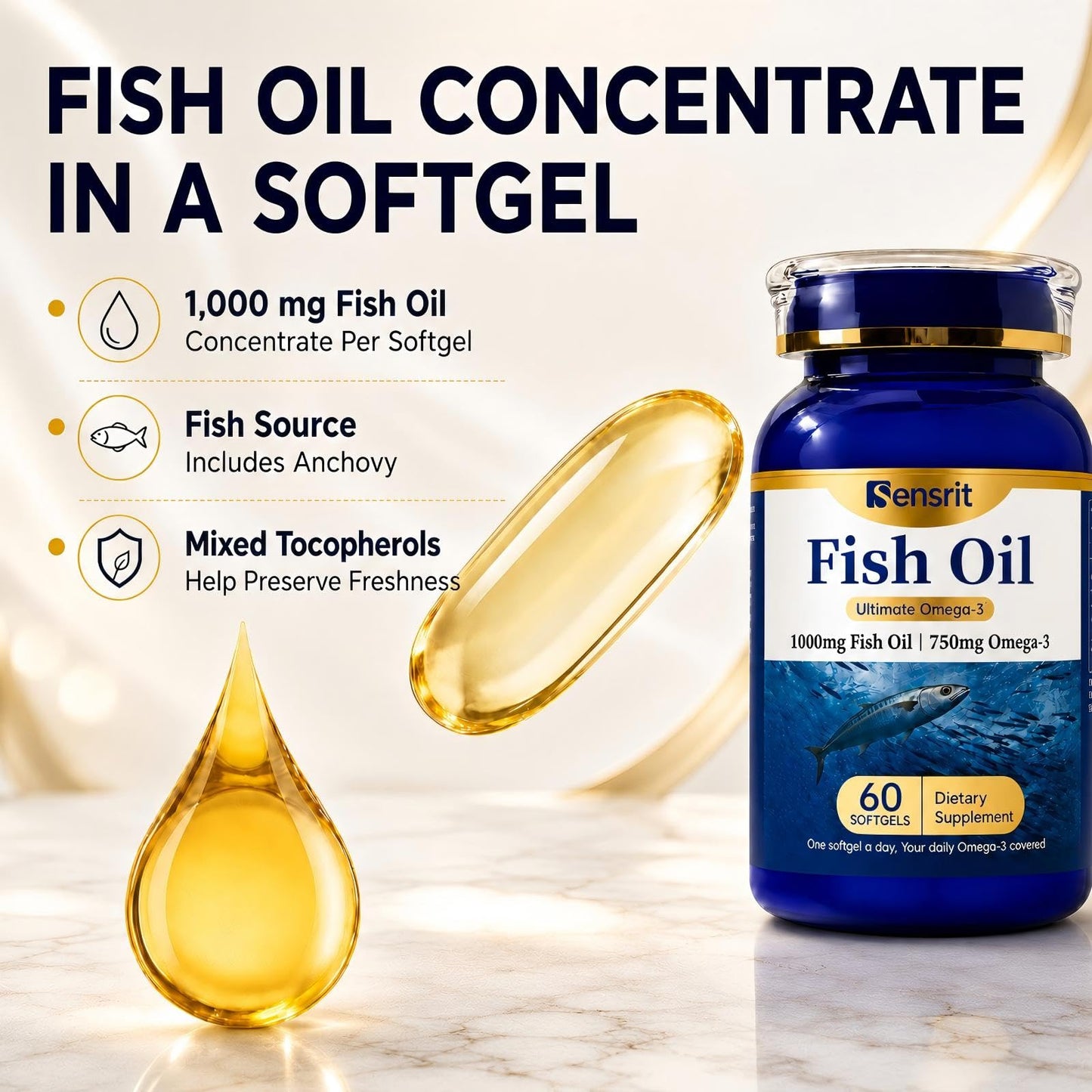 Sensrit Ultra Omega-3 Fish Oil 1000mg Capsules, 60 Count