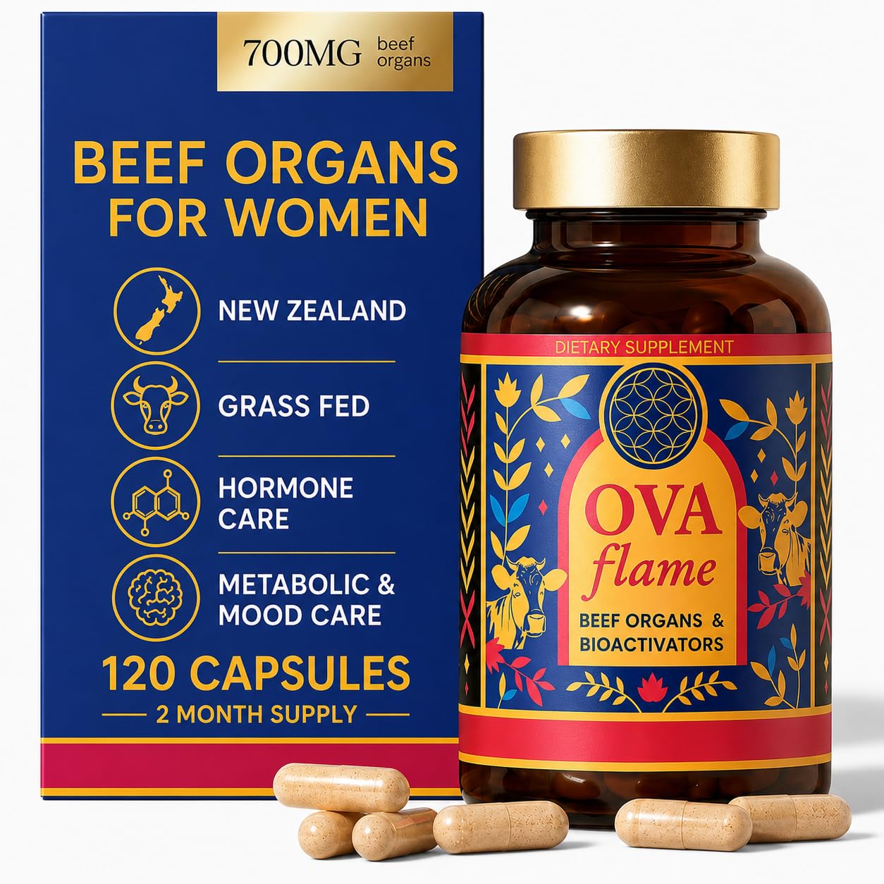 OVA Flame Beef Organ Supplement for Women, 120 Capsules
