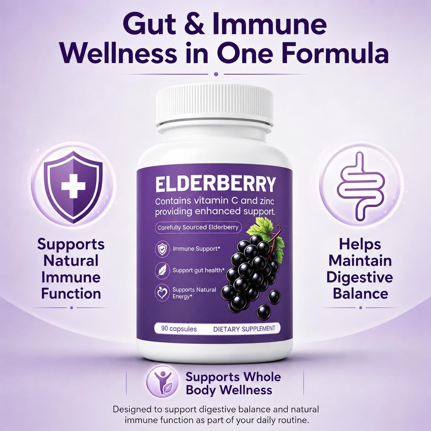 QLONU Elvera Elderberry Gut Support with 1200mg Elderberry Extract, Vitamin C and Zinc Capsules, 90 Count