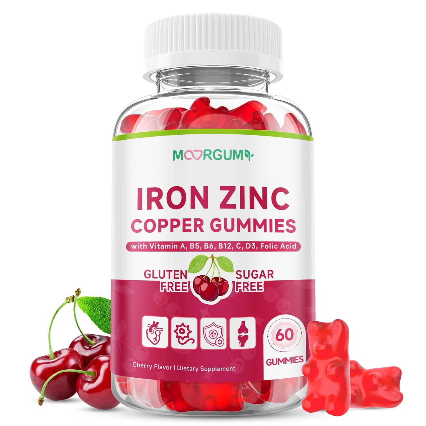 MOORGUMY Iron, Zinc, Copper Mineral Gummies with Vitamin A, B5, B6, C, D3, B12 for Adults & Kids, Sugar Free Cherry Flavor, 60 Gummies