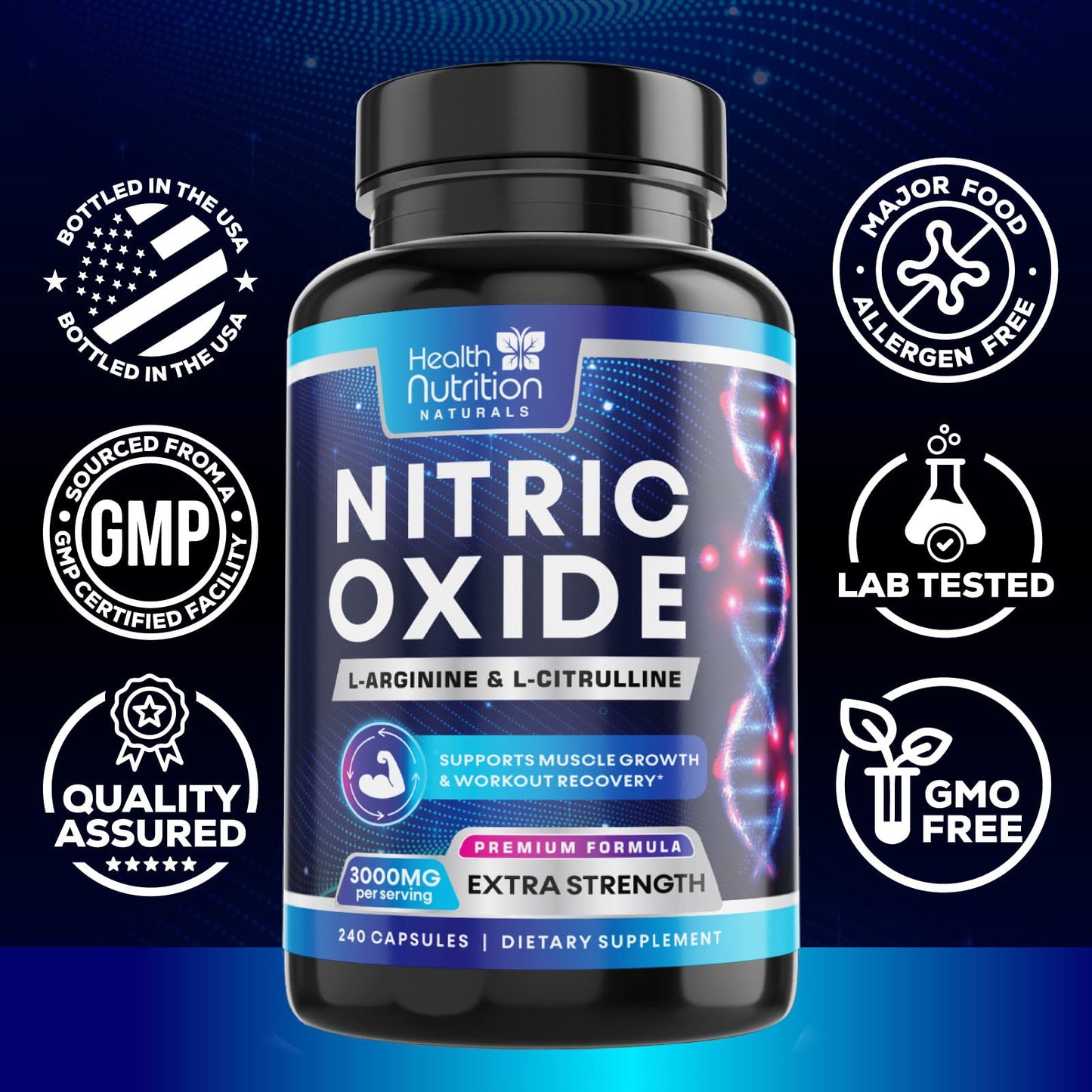 Health Nutrition Naturals Extra Strength Nitric Oxide Booster - 3X Strength L-Arginine AKG & Citrulline Malate - Men & Women Premium Pre Workout Nitric Booster - Natural Energy & Muscle Support, Bottled in USA 240 Capsules