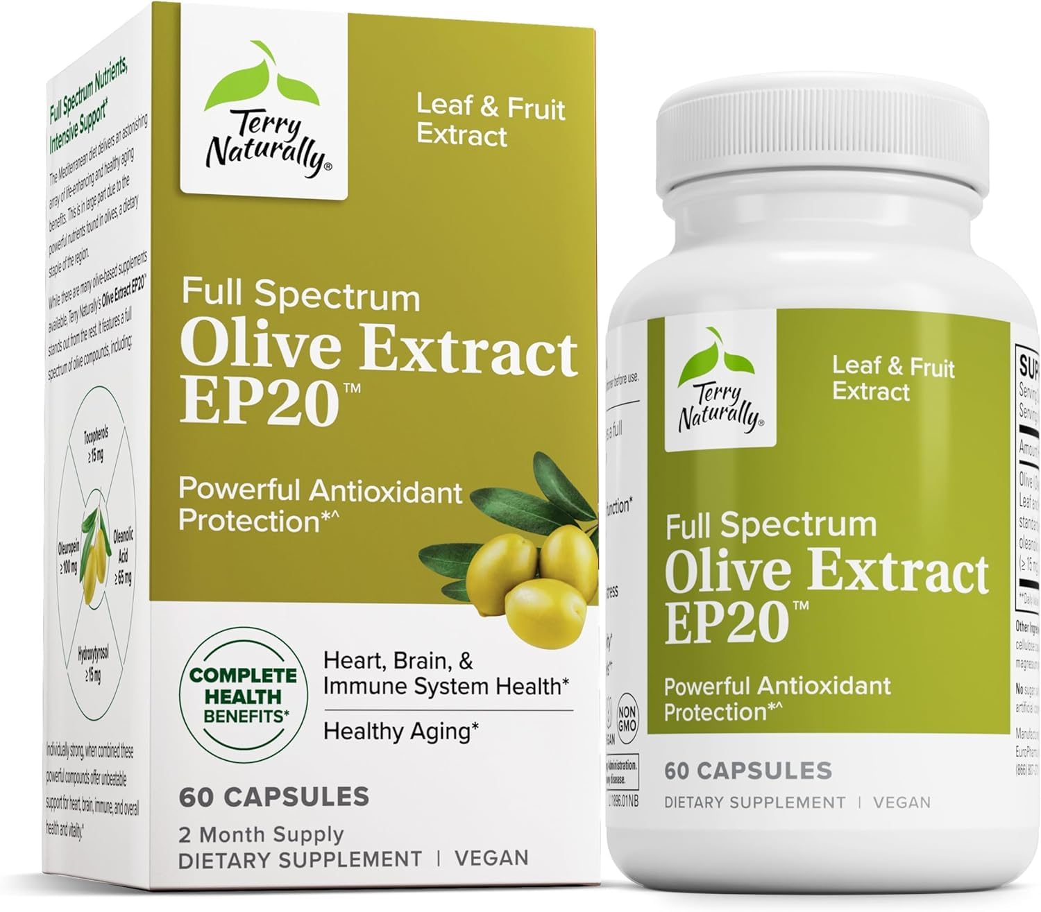 Terry Naturally Olive Extract EP20 Brain Health Support with Olive Leaf Extract, Herbal Immune Support, 60 Capsules