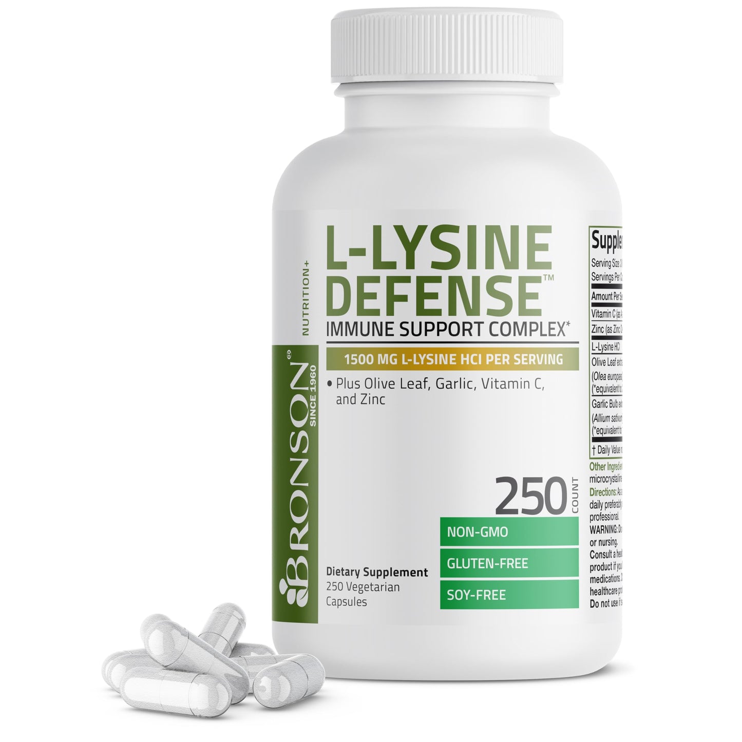 Bronson L-Lysine Defense Immune Support Complex 1500 MG L-Lysine Plus Olive Leaf, Garlic, Vitamin C and Zinc - Non-GMO, 250 Capsules