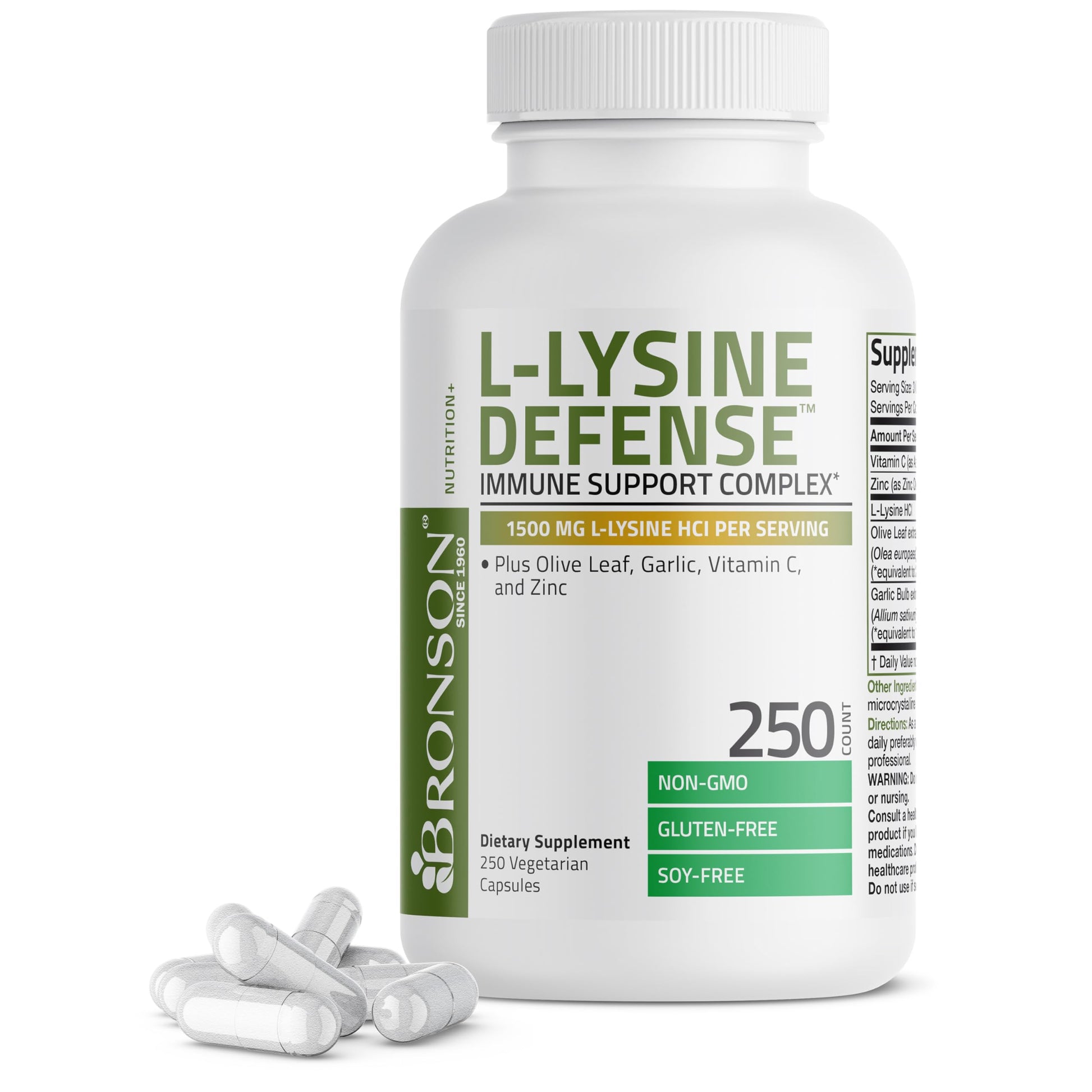 Bronson L-Lysine Defense Immune Support Complex 1500 MG L-Lysine Plus Olive Leaf, Garlic, Vitamin C and Zinc - Non-GMO, 250 Capsules