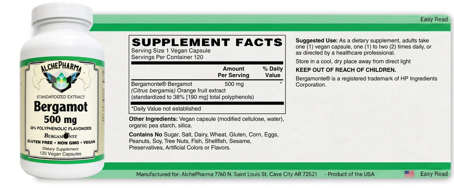 AlchePharma Bergamot 500mg Standardized Citrus Bergamia Extract with 38% Polyphenolic Flavonoids Bergamonte® Trademark Quality, Non-GMO, Vegan, Gluten-Free Capsules 120