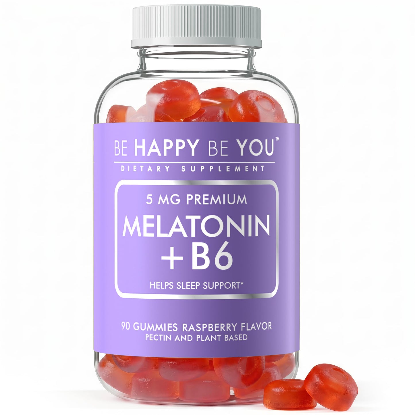 Be Happy Be You Melatonin Gummies 5mg with Vitamin B6, Raspberry Flavor, 90 Count