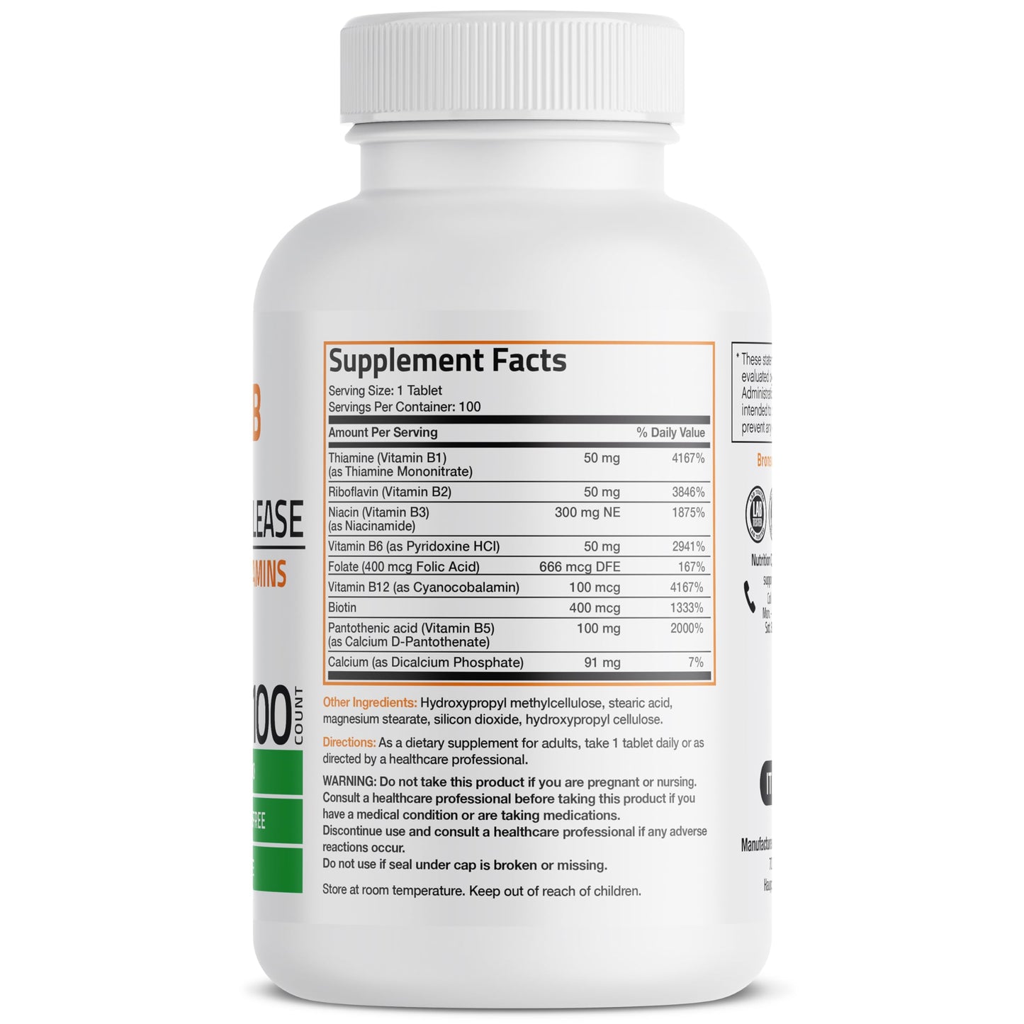 Bronson Super B Vitamin B Complex Sustained Slow Release Tablet, 100 Tablets
