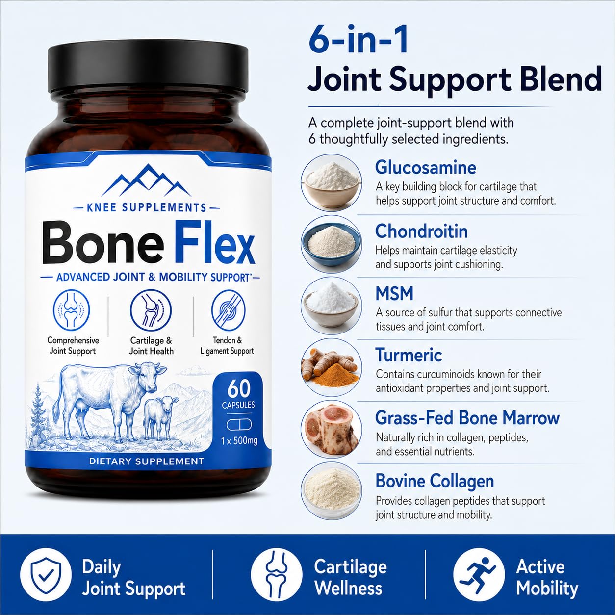 Amvora BoneFlex Capsule Joint Support with Glucosamine Chondroitin MSM Turmeric, Grass-Fed Bone Marrow and Bovine Collagen, 60 Capsules