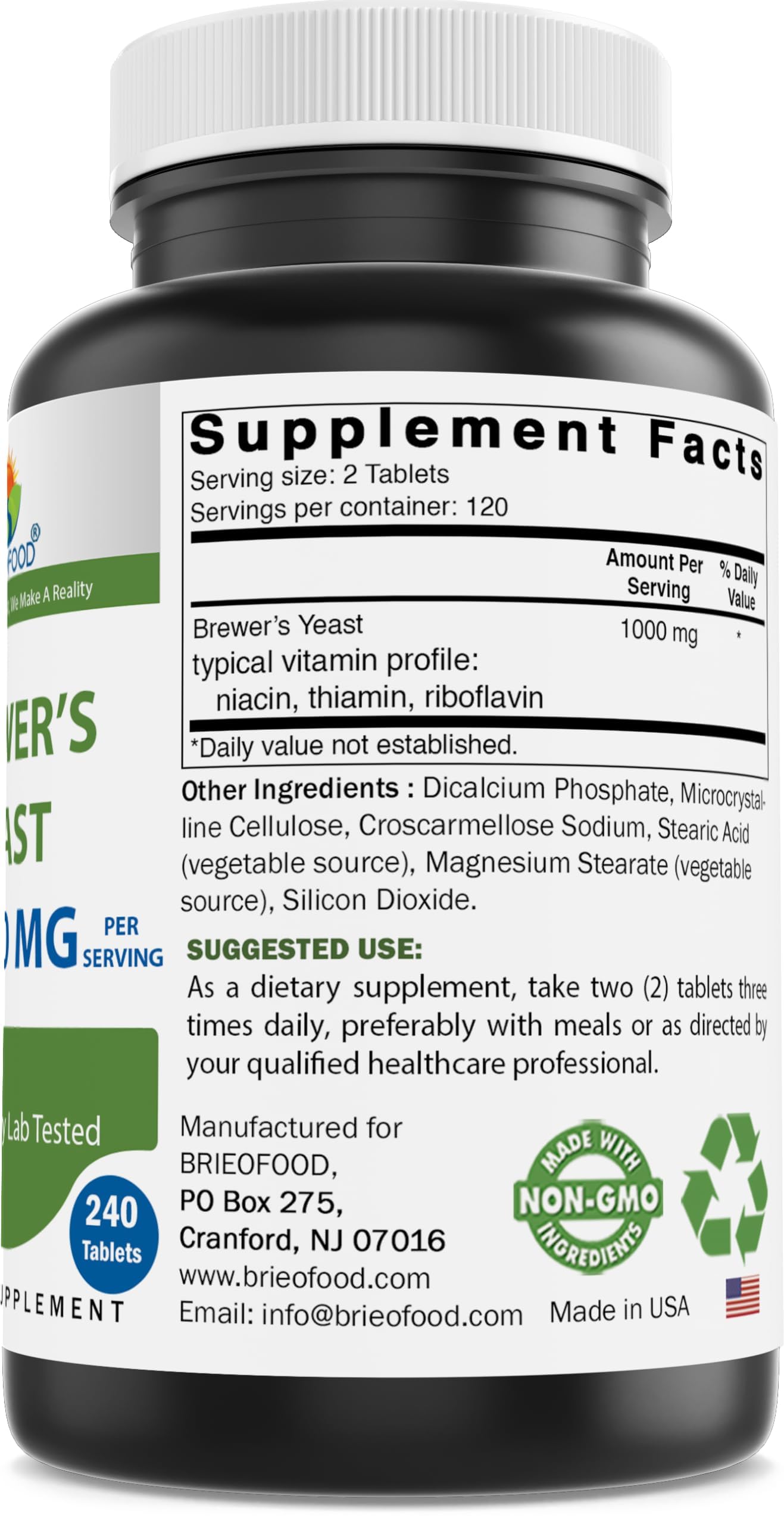 Brieofood Brewers Yeast 1000 mg per Serving Tablets, 240 Count