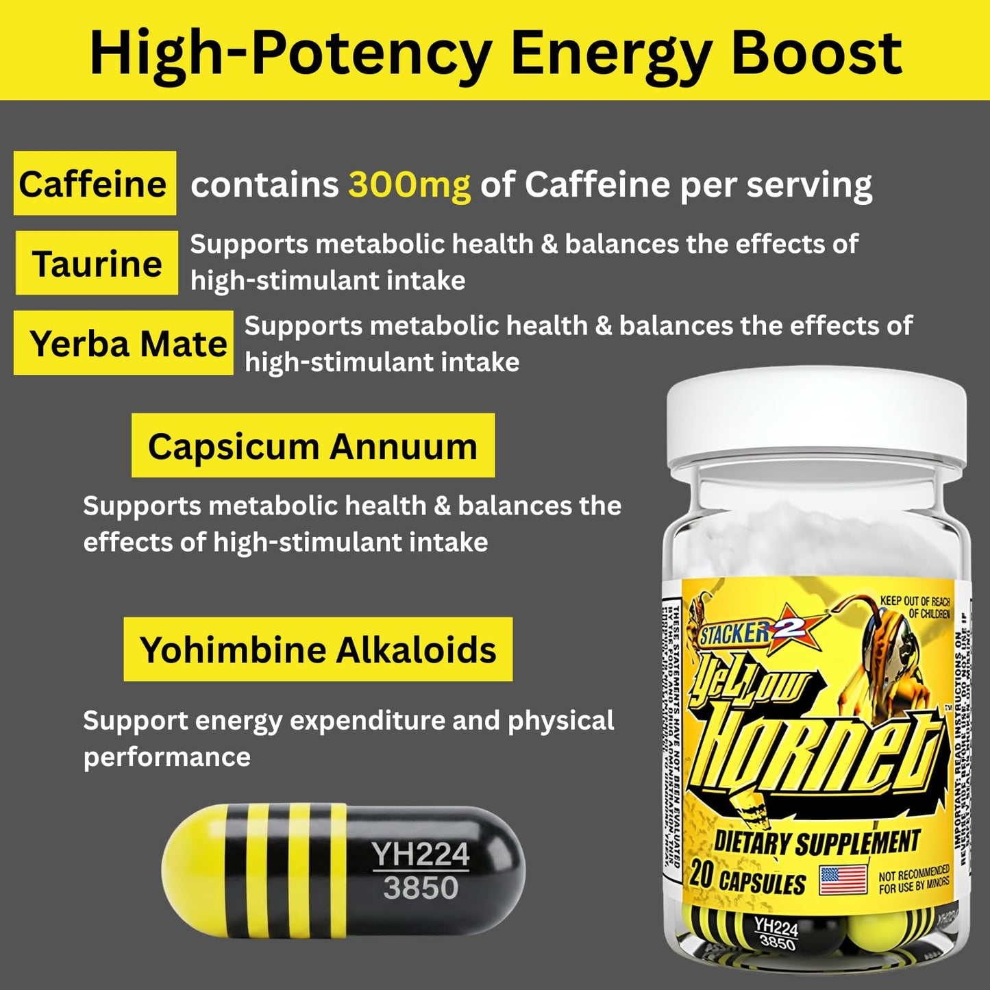 Generic Stacker 2 Yellow Hornet Herbal Dietary Supplement Capsules, 120 Count