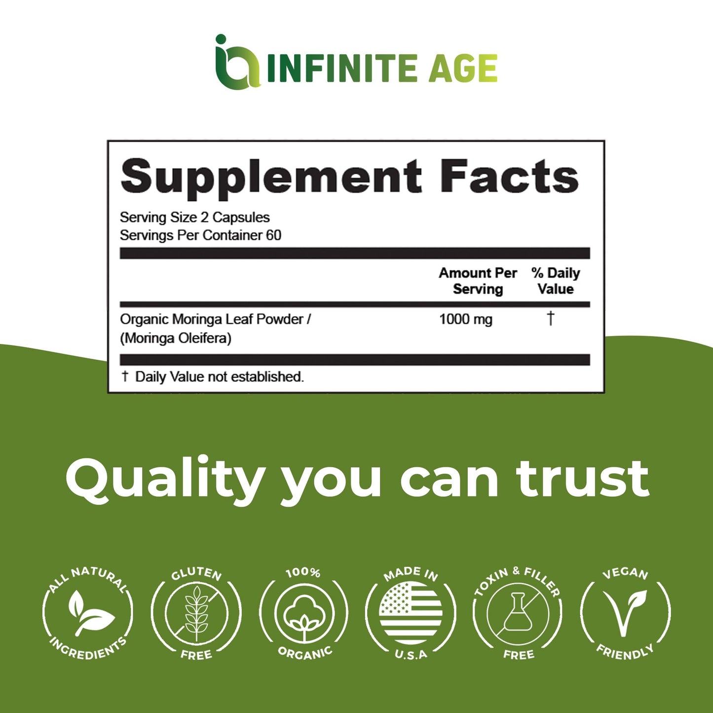 INFINITE AGE 1000mg Organic Moringa Leaf Powder Capsules, 60 Count