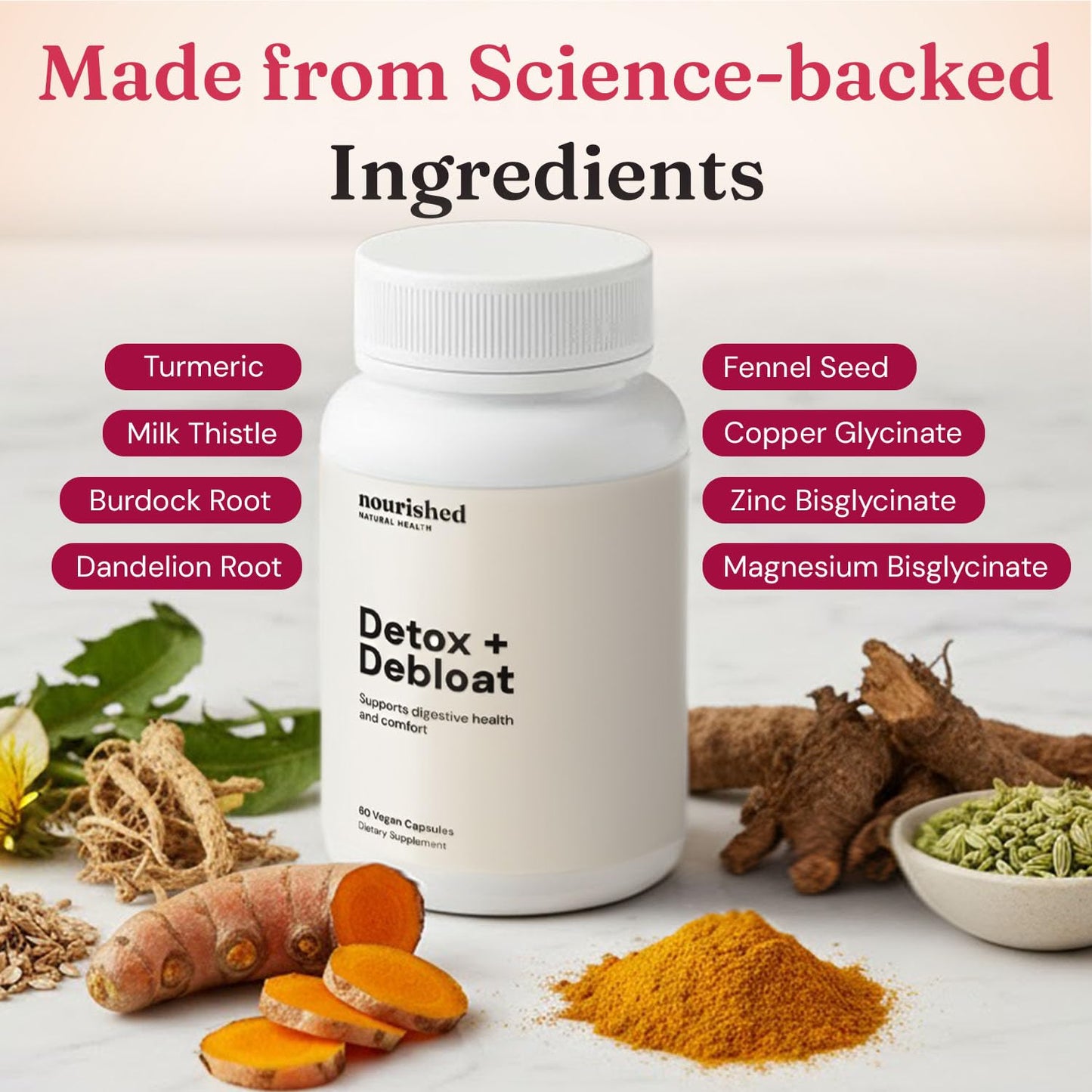Nourished Natural Health Detox + Debloat - Detox Cleanse and Bloating Relief for Women - Liver & Digestive Support with Milk Thistle, Dandelion, Fennel & Turmeric | Vegan, Gluten-Free, 120 Capsules