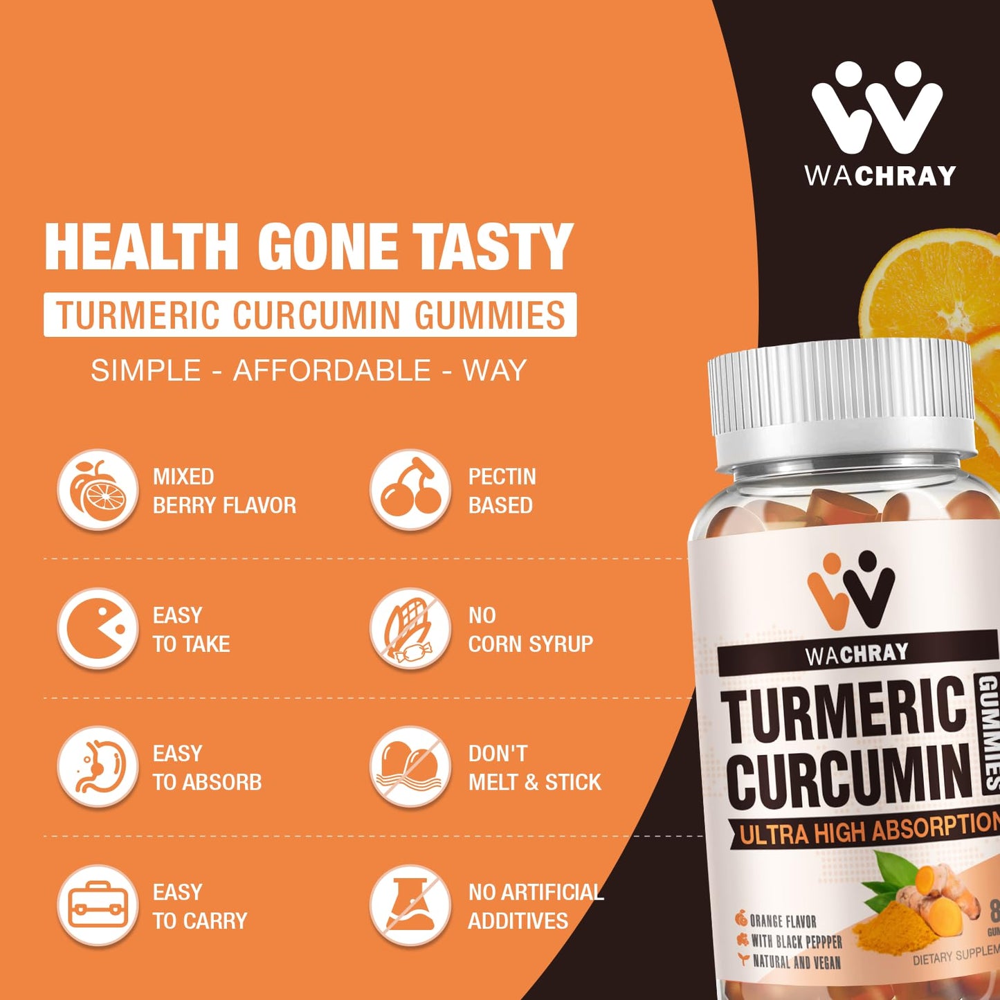WACHRAY Turmeric Curcumin Gummies with Ginger & Black Pepper Extract, 160 Gummies