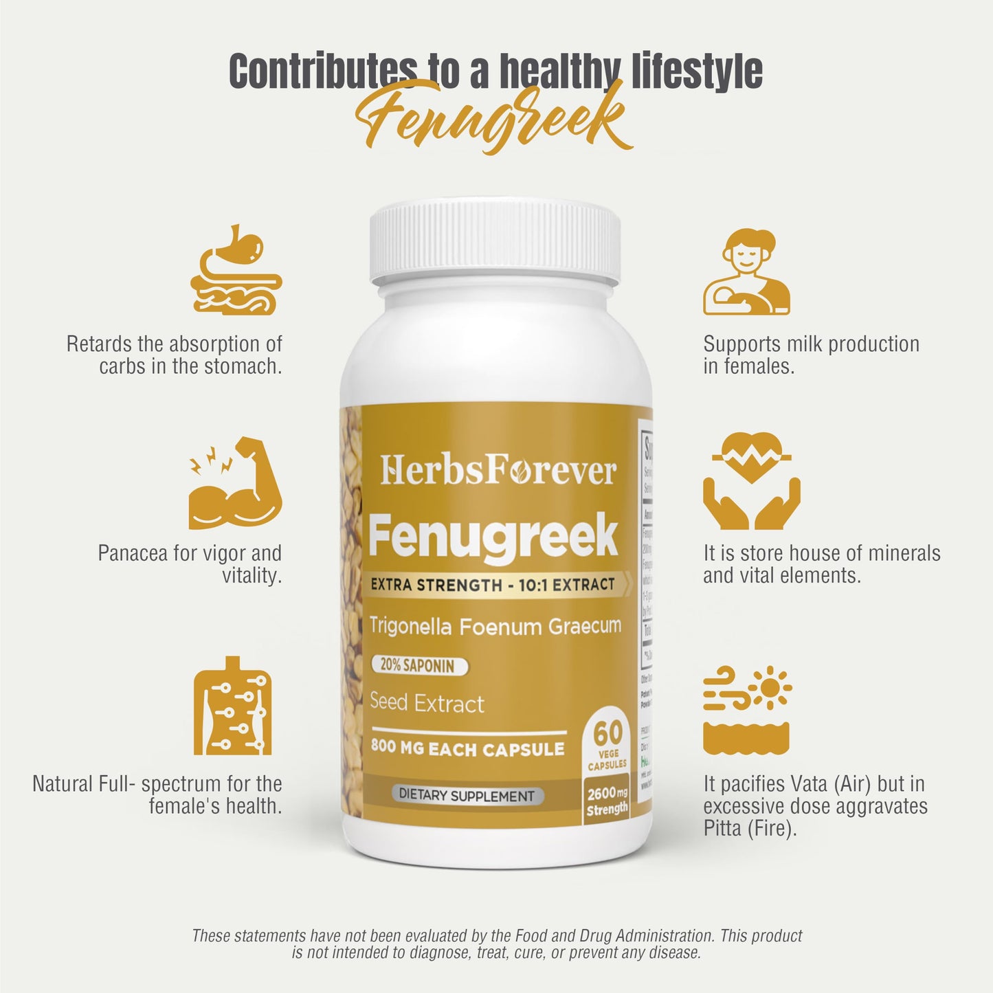 Herbsforever Fenugreek Extra Strength 10:1 Extract Capsules, 60 Count