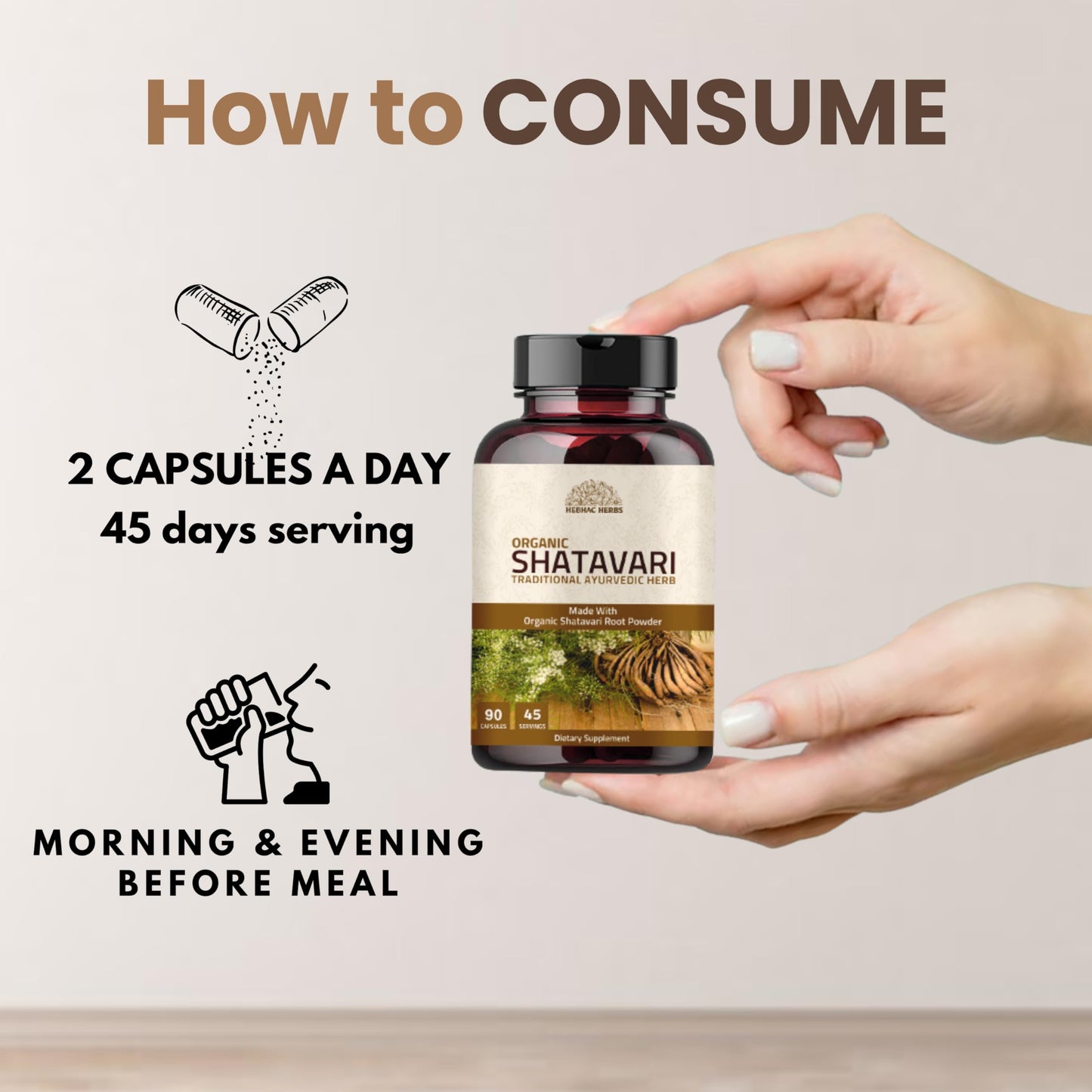 Hebhac Herbs Shatavari Capsules 1000mg, 90 Capsules