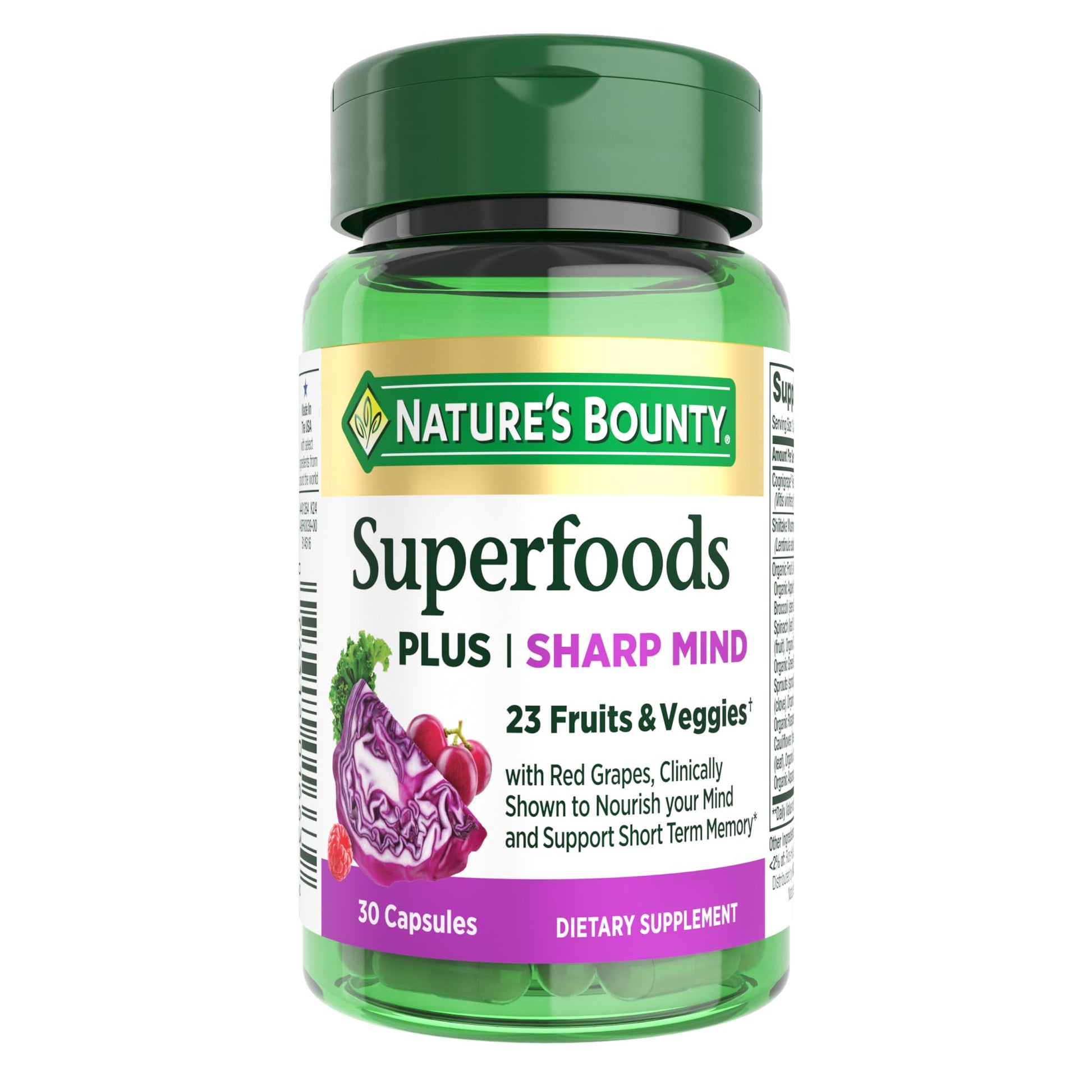 Nature's Bounty Superfoods Plus Sharp Mind for Brain Health, Memory; Focus, Superfoods With 23 Fruits & Veggies plus Red Grapes - Cognitive Supplement, 30 Capsules