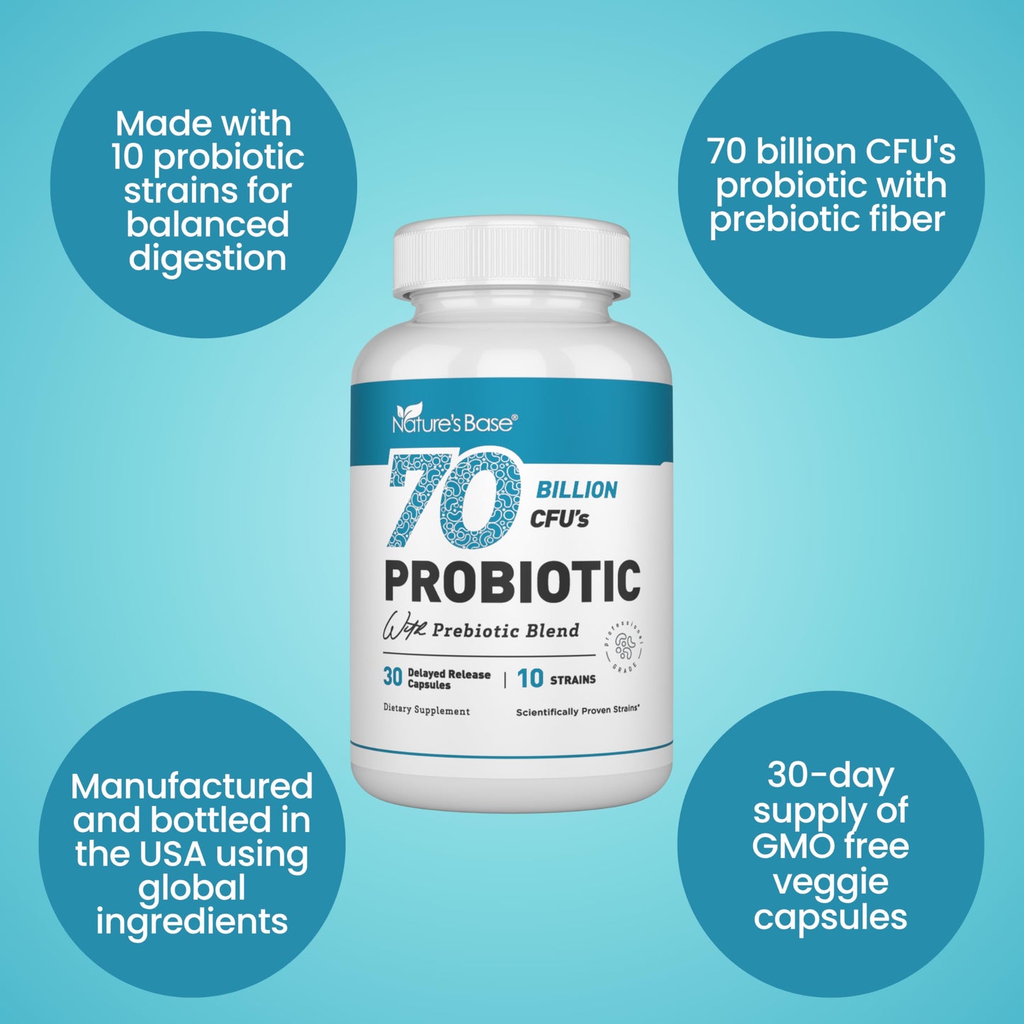 Nature's Base Probiotics 70 Billion CFU with Prebiotics for Women & Men Capsules 30 Count
