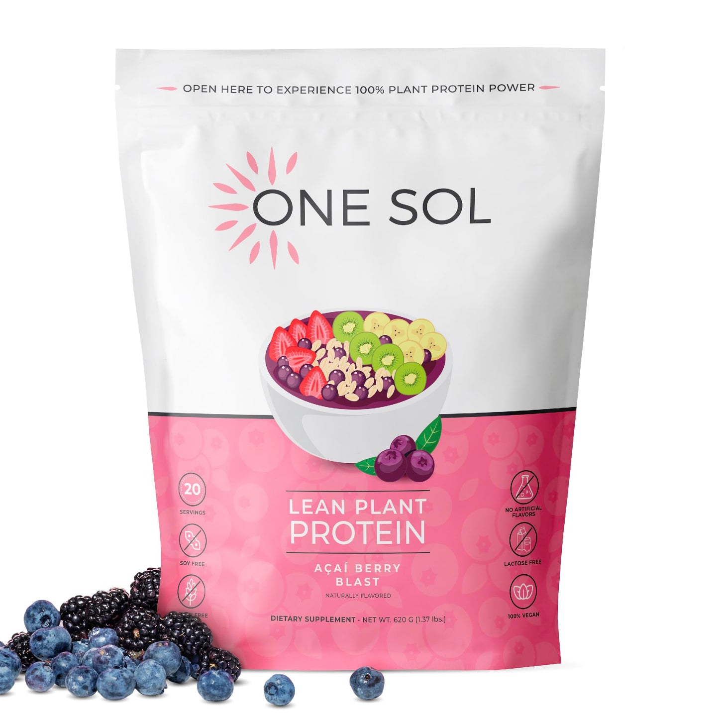 One Sol Lean Plant Protein Powder, Low Carb, Acai Berry Blast, 22.2226