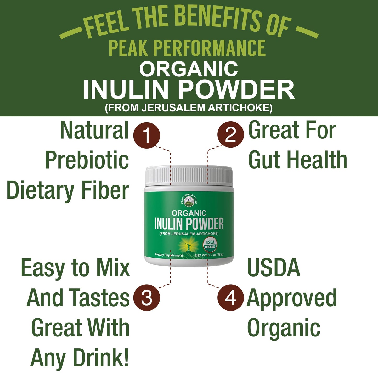 Peak Performance Organic Inulin Powder 2.7 Ounce