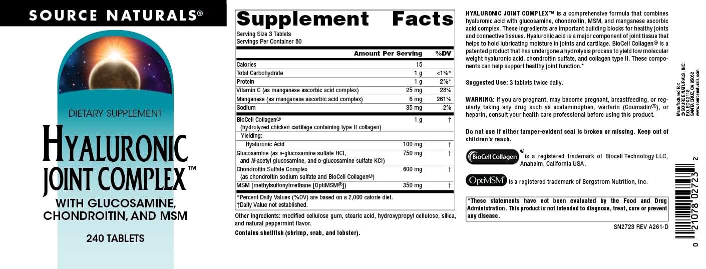 Source Naturals Hyaluronic Joint Complex with Glucosamine, Chondroitin & MSM Extra Strength Tablets, 240