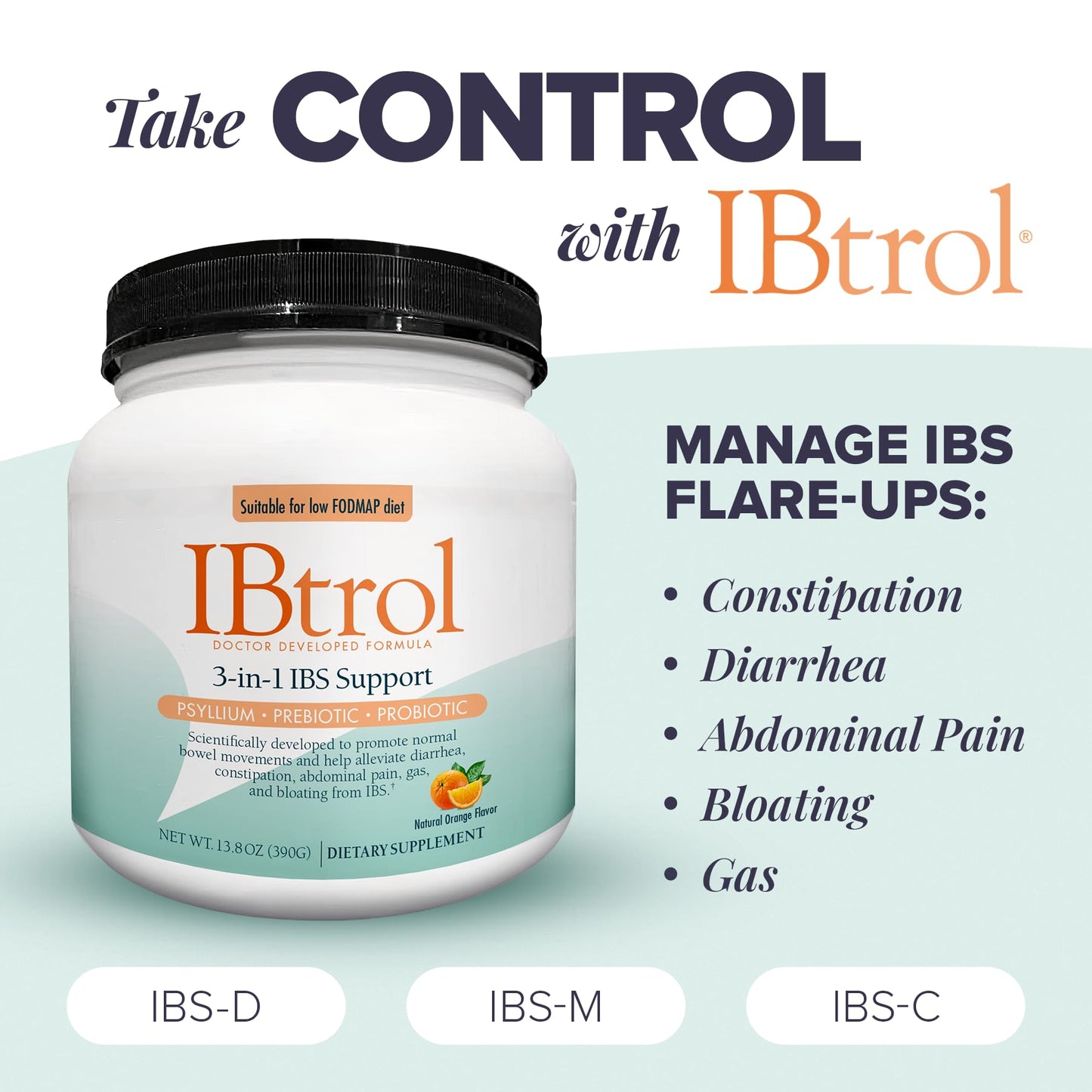 Medtrition IBtrol 3-in-1 IBS Gut Health Supplement with Psyllium, Prebiotic and Probiotics Powder, 13.8 oz