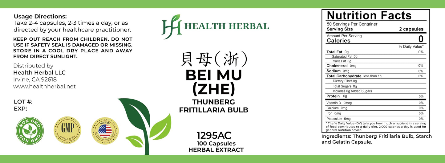 Health Herbal HH1295AC Bei Mu (Zhe)/Thunberg Fritillaria Bulb Capsule, 100 Capsules