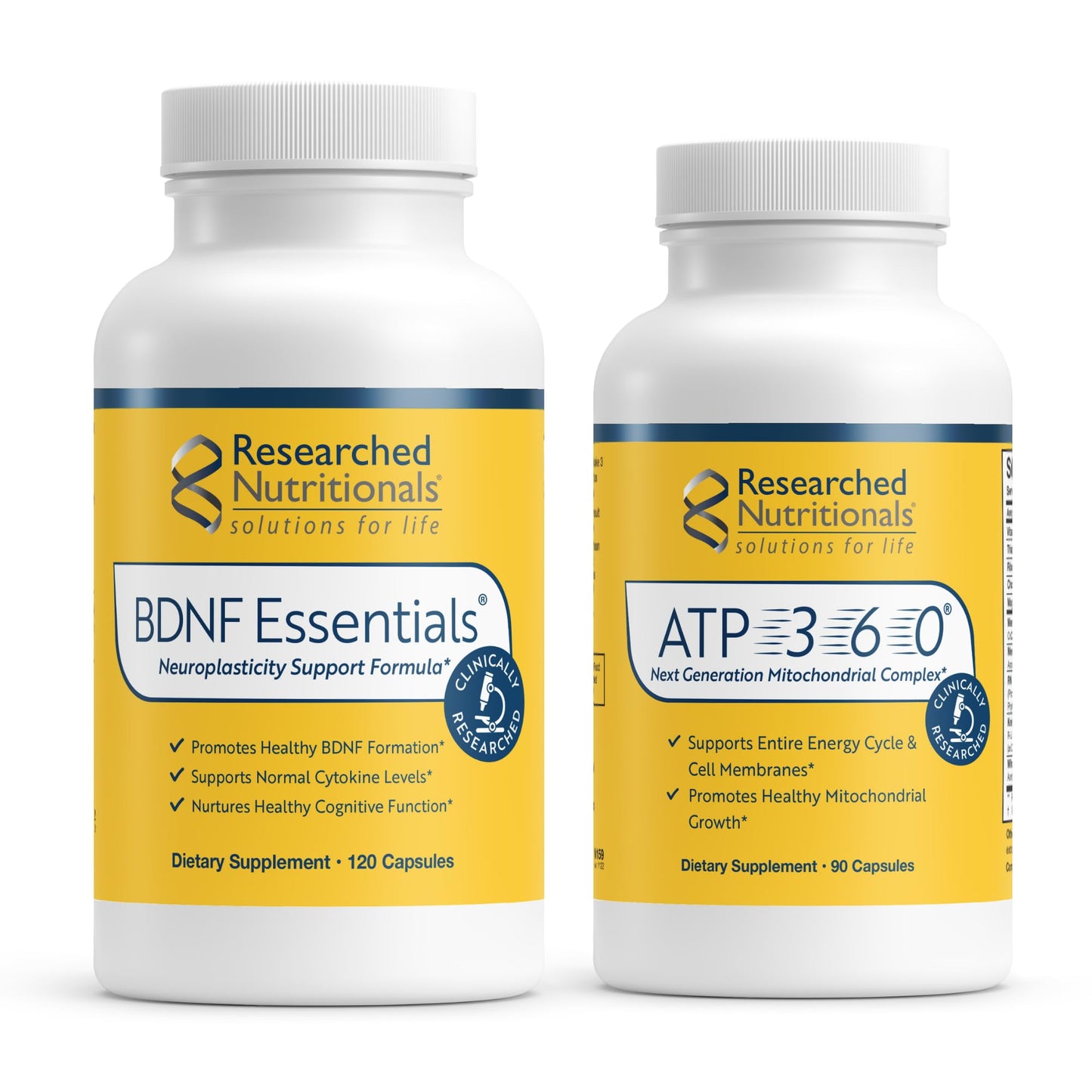 Researched Nutritionals BDNF Essentials Brain Health & Neuroplasticity Support, 120 Capsules; ATP 360 Mitochondrial & Cellular Energy Complex, 90 Capsules