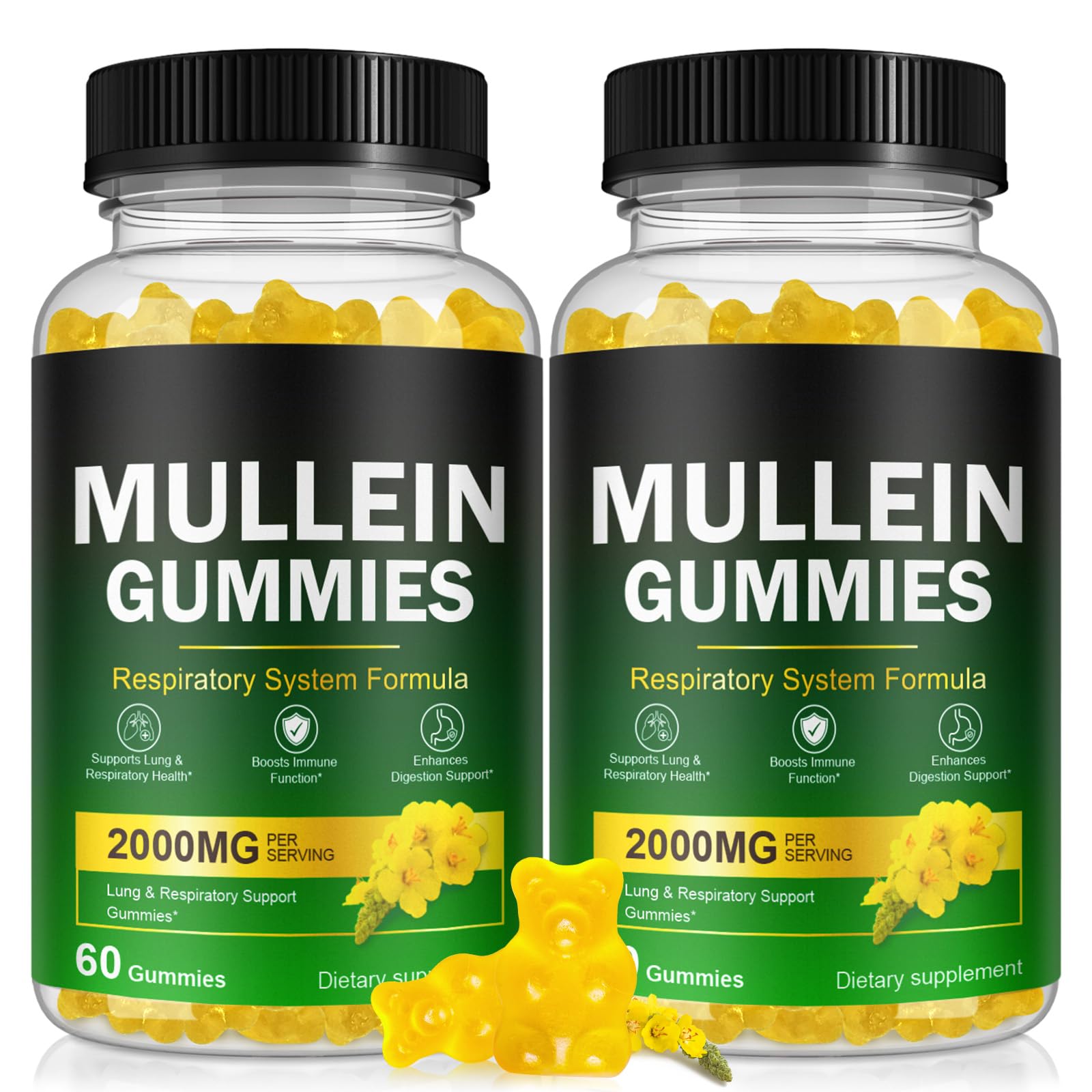 Ruduwu Mullein Gummies for Lung Detox, 2000mg Mullein Leaf Extract for Respiratory & Digestive & Immune Support with Quercetin, Bromelain, Elderberry & Marshmallow, Vegan, 60 Gummies