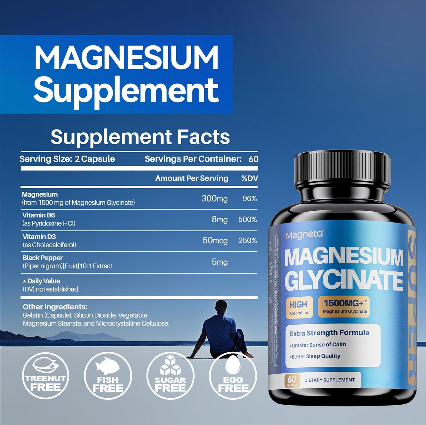 MEGNETA Magnesium Glycinate High Absorption Magnesium Supplement with Vitamin B6, D3 & Black Pepper Capsules 180