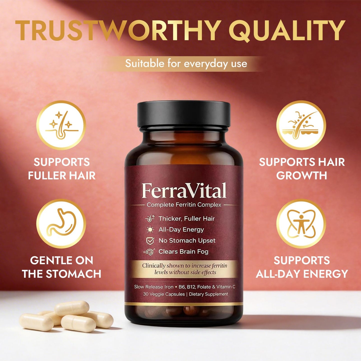 FerraVital Ferritin Supplement for Women – Supports Healthy Iron & Energy Levels – with Ferrous Glycine, Vitamins C, B12, B6, Folate, Zinc & Probiotics – 60 Capsules