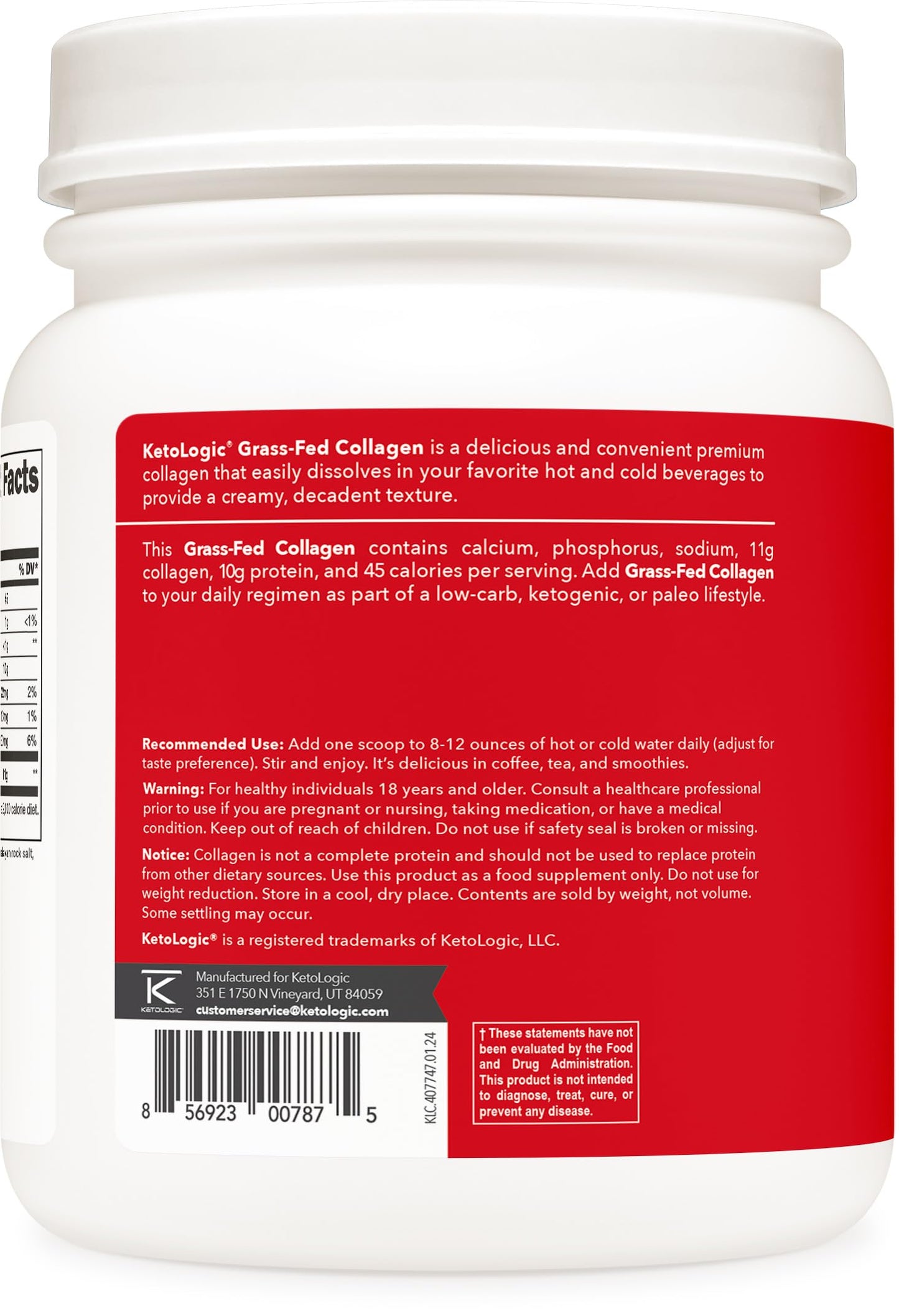 Ketologic Grass Fed Collagen Hydrolysate Powder Vanilla, 16.2 oz