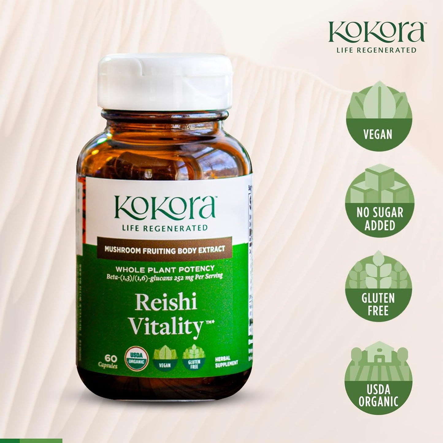 Kokora Reishi Vitality Organic Adaptogenic Mushroom Capsules with Beta Glucans & Ashwagandha, Vegan, Non-GMO, 60 Capsules