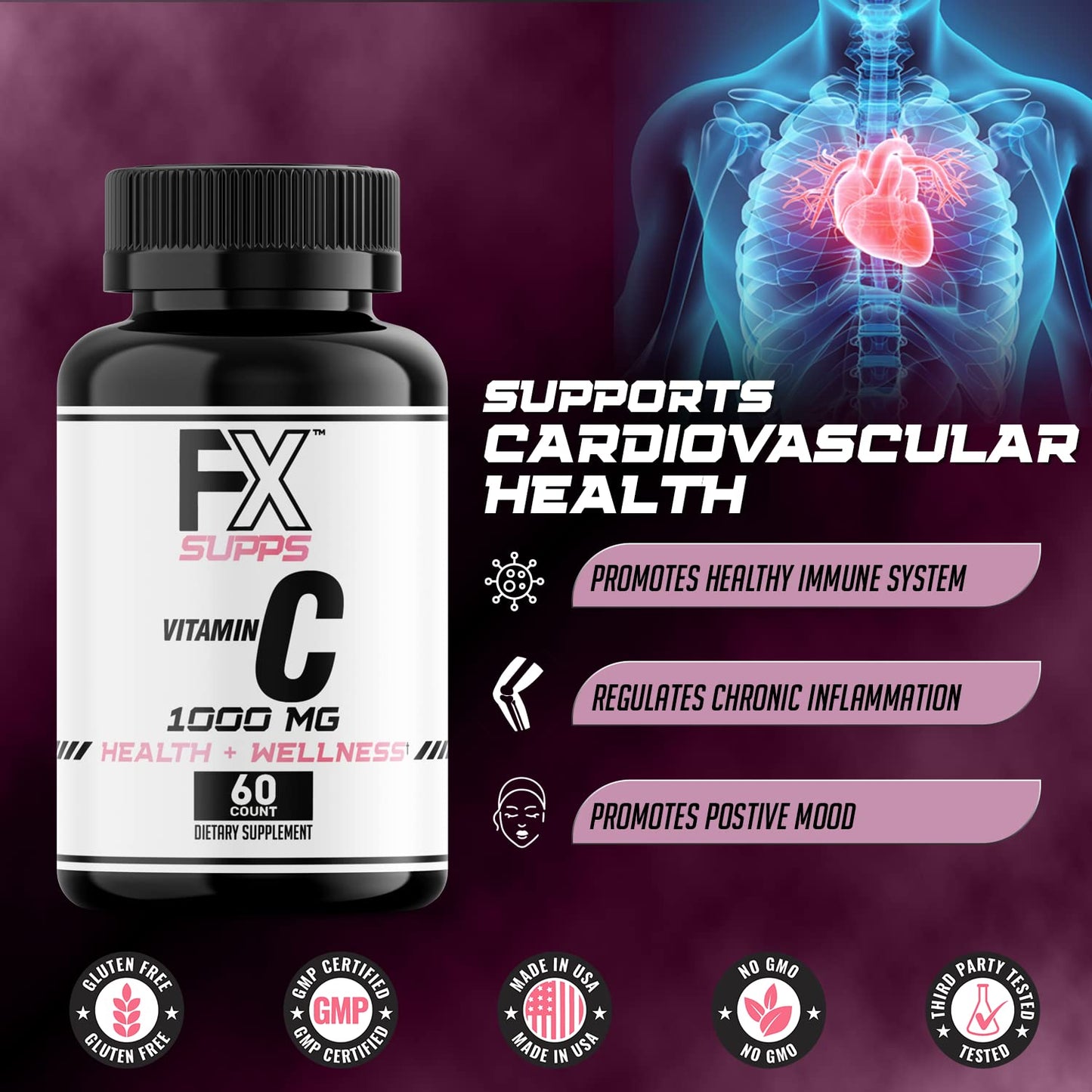FXSUPPS Vitamin C 1000 mg Tablets, 60 Count