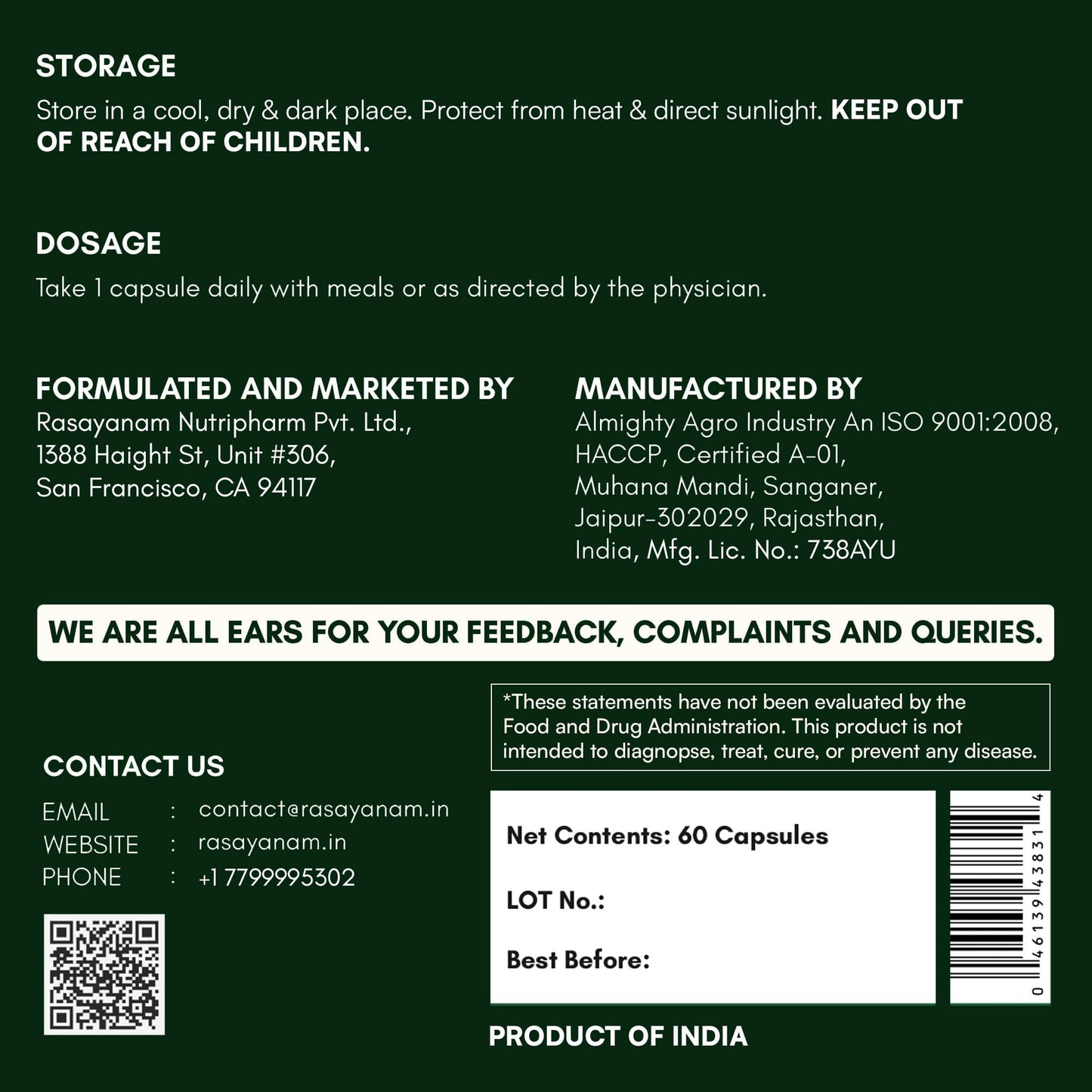 Rasayanam Ashwagandha KSM-66 500mg Capsules, 60 Count