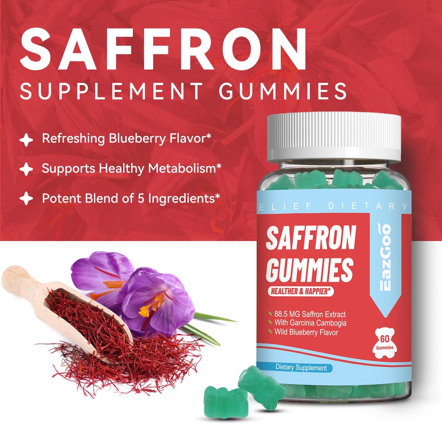 EAZGOO Saffron Supplements Gummies, 60 Count