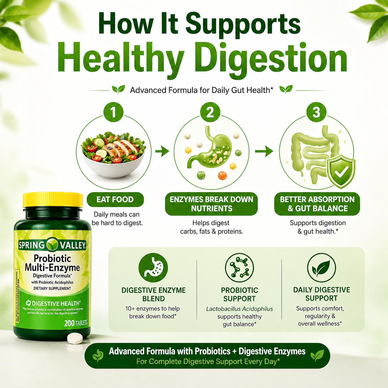 H4U Probiotic Multi-Enzyme Digestive Formula Tablets, 200 Count