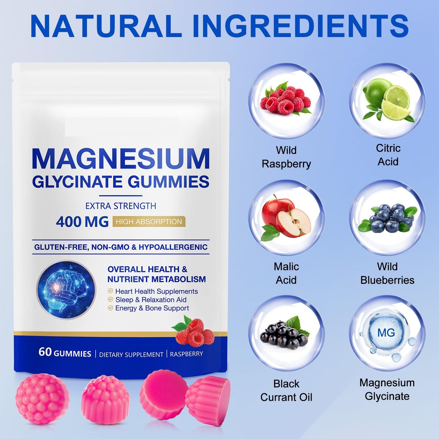SOLEMEONY Magnesium Glycinate Gummies 400mg for Women and Men, Body Support and Relaxation, 60 Count