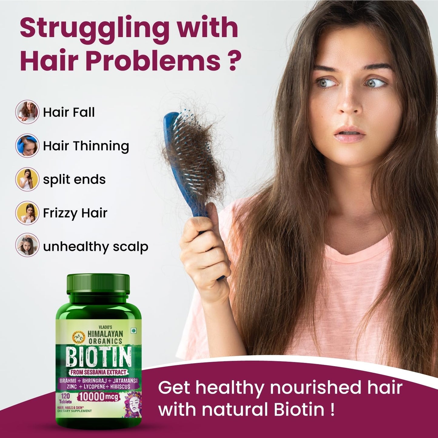 Himalayan Organics Biotin 10000mcg for Hair Growth Tablets, 120 Tablets