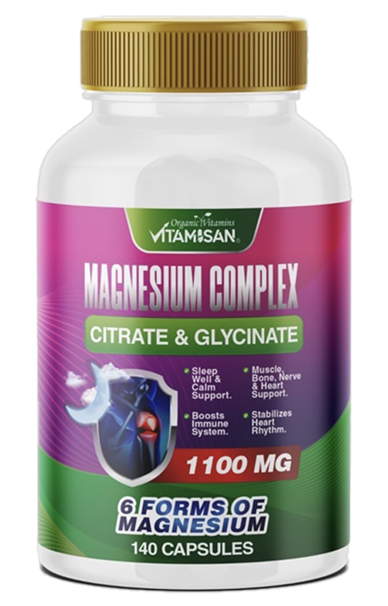 Vitamisan High Absorption Magnesium 6 Forms of Magnesium Citrate Chelated Glycinate Chloride Malate Oxide 140 Capsules