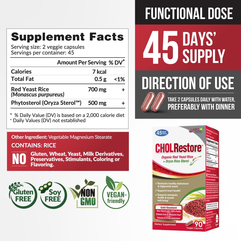LABO Nutrition CHOLRestore Red Yeast Rice with Phytosterol Health Supplement, 90 Capsules