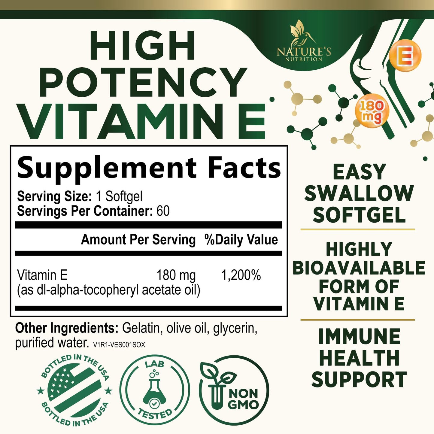 Nature's Nutrition Vitamin E 180mg DL-Alpha Softgels, 60 Count