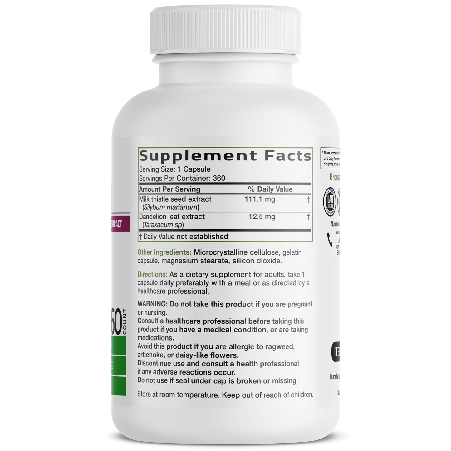 Bronson Milk Thistle Silymarin Marianum & Dandelion Extract Capsules, 360
